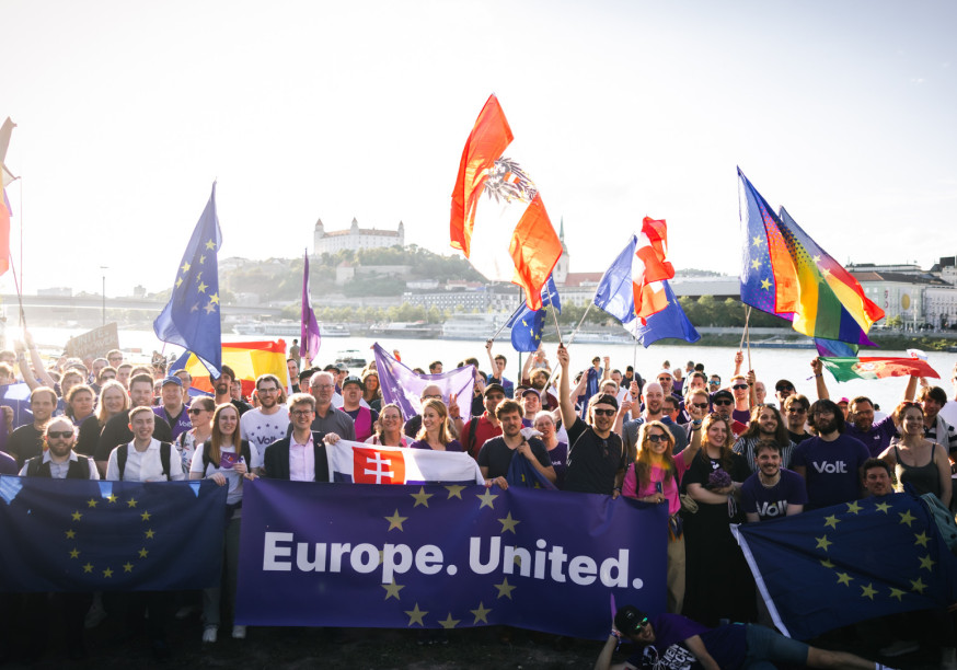 Photo from the 2026 Volt Europa GA in Bratislava, showing a large crowd