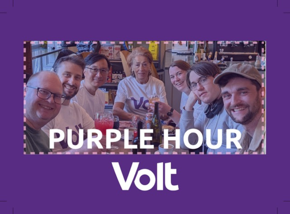 A graphic with a purple background and the white Volt logo, framing a photo of people at a cafe with the text 