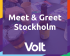 Meet & Greet Stockholm text on top of photo showing beers and flyers, with Volt logo at bottom.