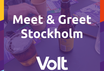 Meet & Greet Stockholm text on top of photo showing beers and flyers, with Volt logo at bottom.