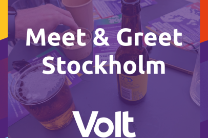 Meet & Greet Stockholm text on top of photo showing beers and flyers, with Volt logo at bottom.