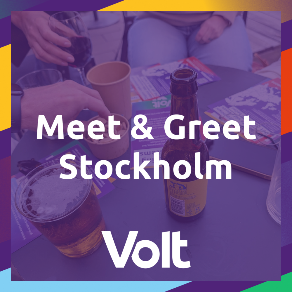 Meet & Greet Stockholm text on top of photo showing beers and flyers, with Volt logo at bottom.