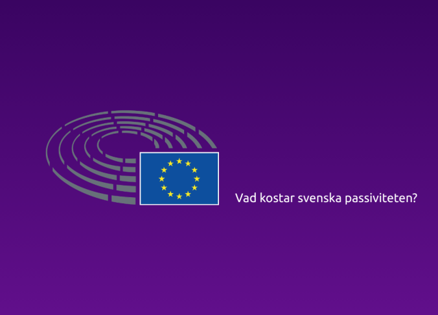 A purple graphic displaying a European Parliament icon, the EU flag, and Swedish text asking about the cost of Swedish passivity.