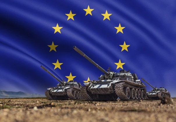 Stock photo of tanks with an EU flag replacing the sky