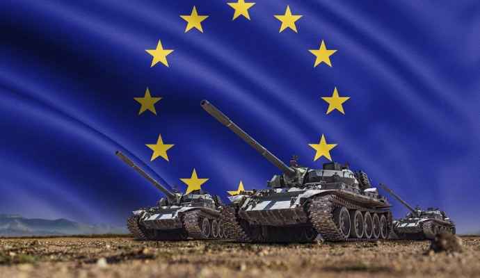 Stock photo of tanks with an EU flag replacing the sky