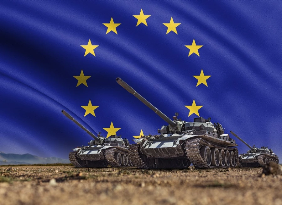 Stock photo of tanks with an EU flag replacing the sky