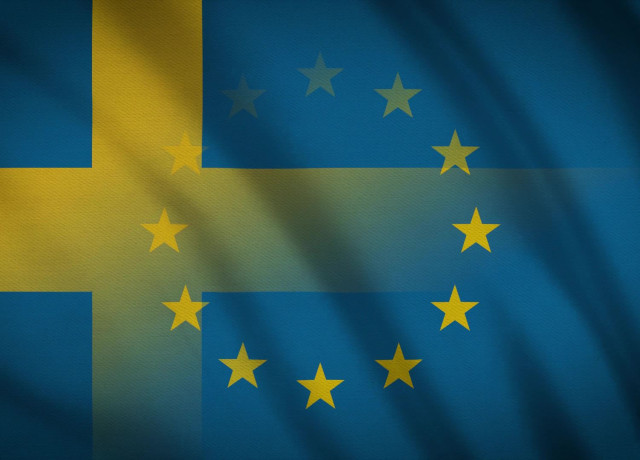 Stock photo of the Swedish flag merged into the EU flag