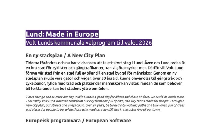 Volt Lunds kommunala valprogram till valet 2026